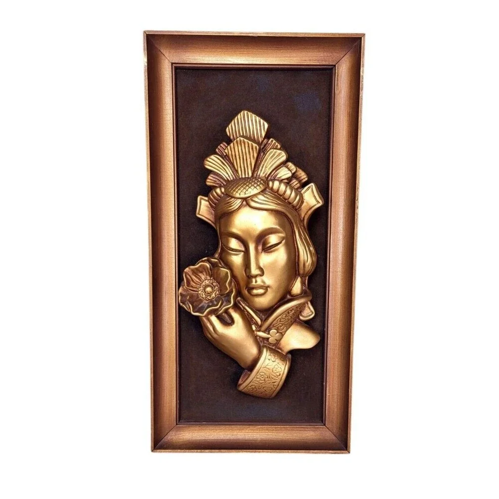 Vintage 50s 60s MCM 3D Gold Chinese Girl Lotus Flower Tretchikoff Green Girl Art